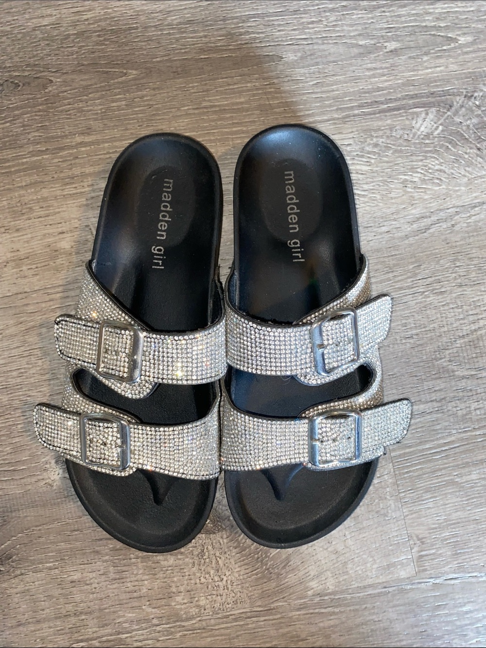 Madden Girl Sparkling Double-Buckle Slide Sandals Silver/Black Size 38